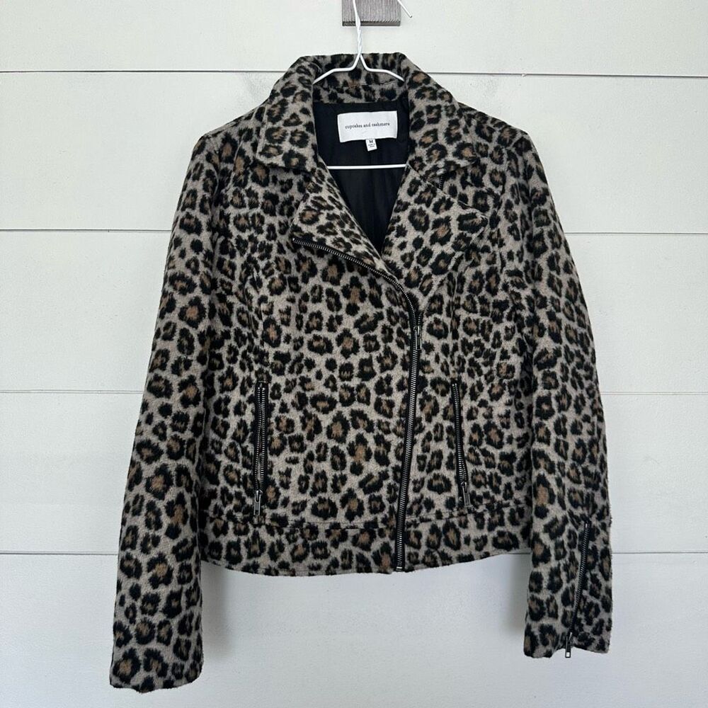 Cupcakes and Cashmere Women’s Medium Margaux Leopard Moto Biker Wool Jacket